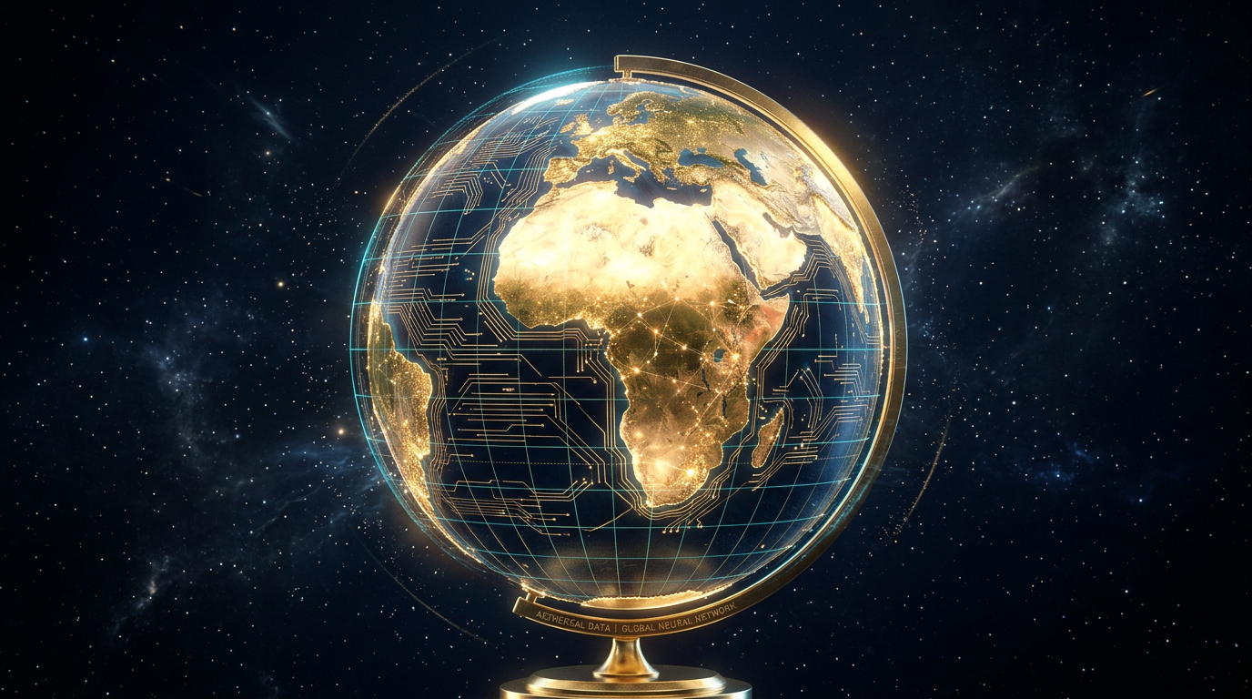 A rotating golden globe with African continent prominently glowing amid AI neural network light trails